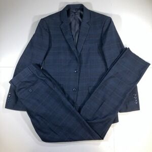 Alain Dupetit‎ Suit Mens 36S 30W Slim Blue Glen Plaid Unhemmed Pants